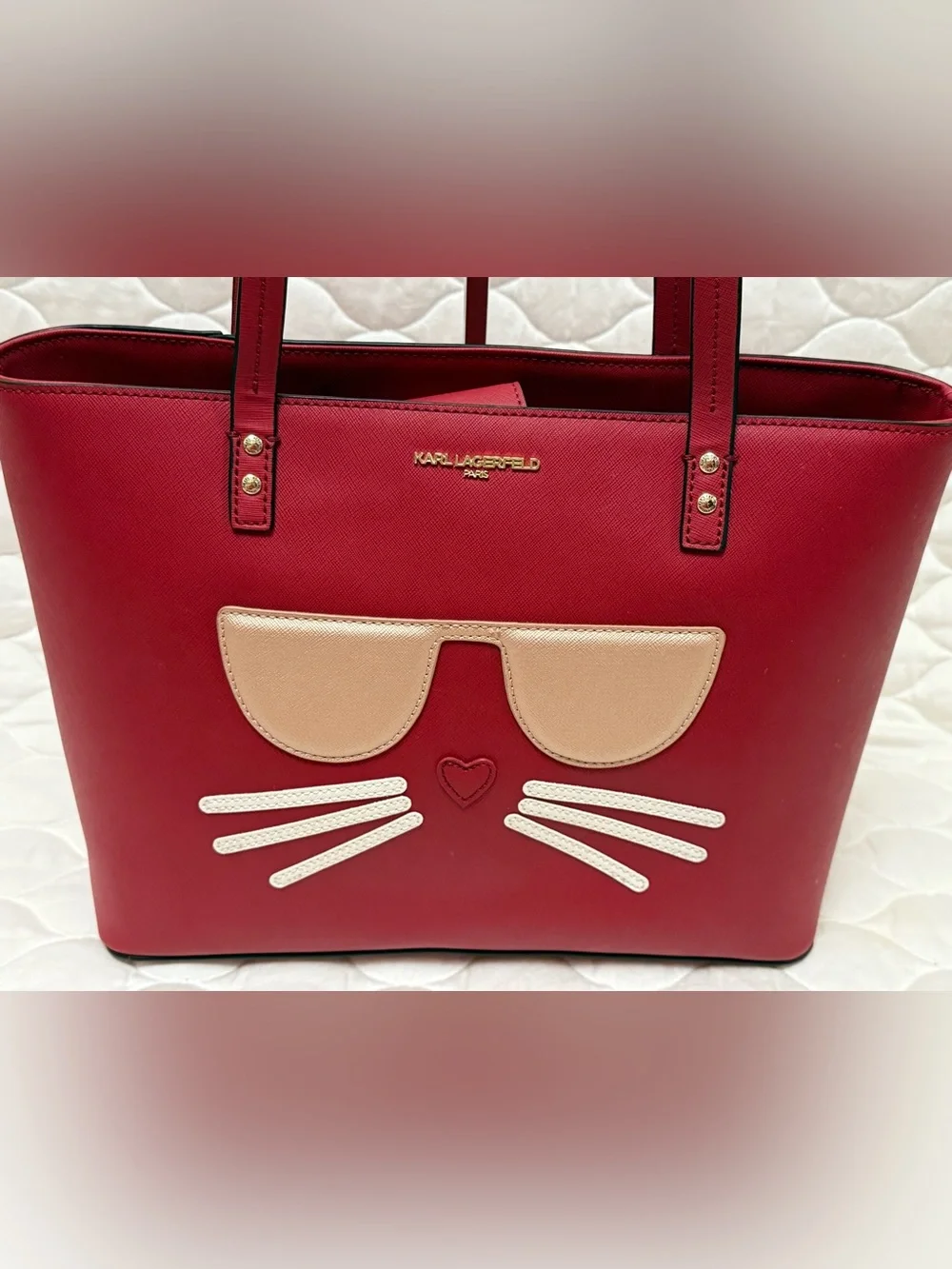 Karl Lagerfeld Large Red Tote with Cat Sunglasses Motif